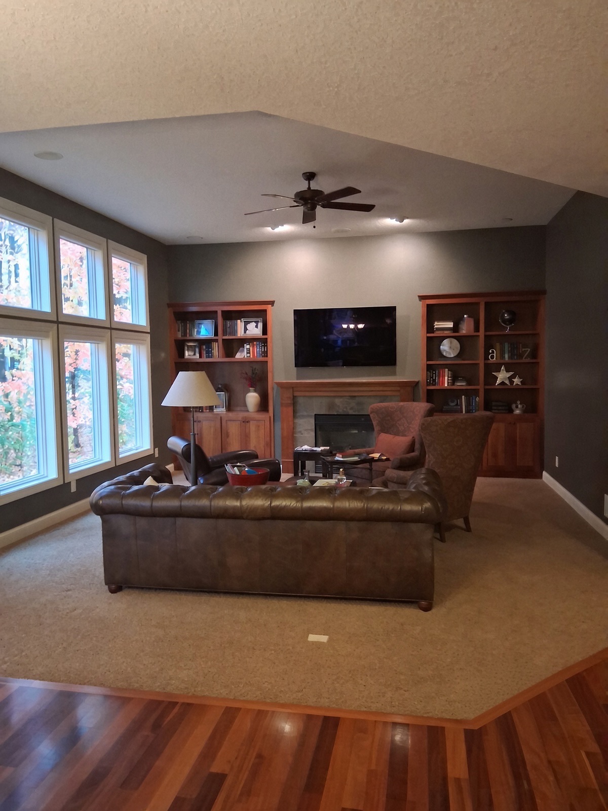 Maple Grove family room walls painted in Sherwin-Williams Black Fox with a matte finish